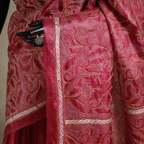 Red - bengal hand embroidery tussar silk handloom kantha