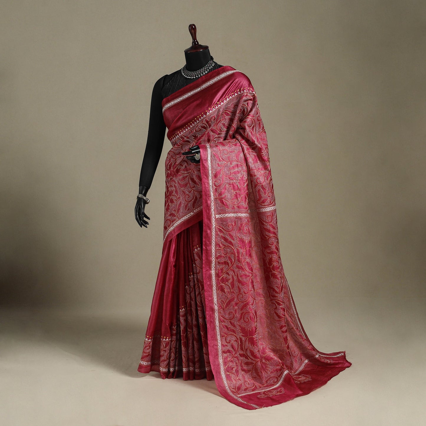 Red - bengal hand embroidery tussar silk handloom kantha