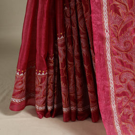 Red - bengal hand embroidery tussar silk handloom kantha