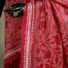 Red - bengal hand embroidery tussar silk handloom kantha