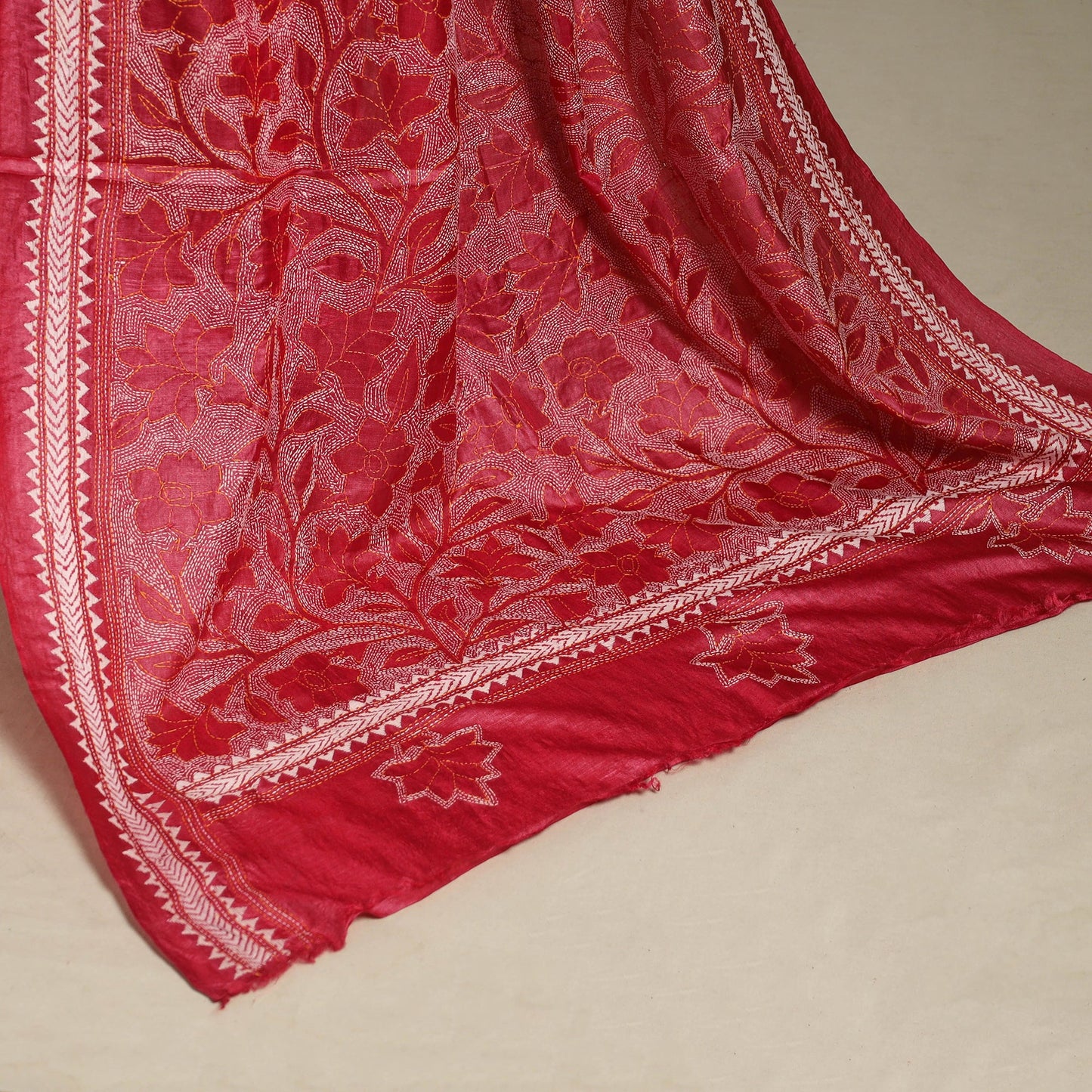 Red - bengal hand embroidery tussar silk handloom kantha