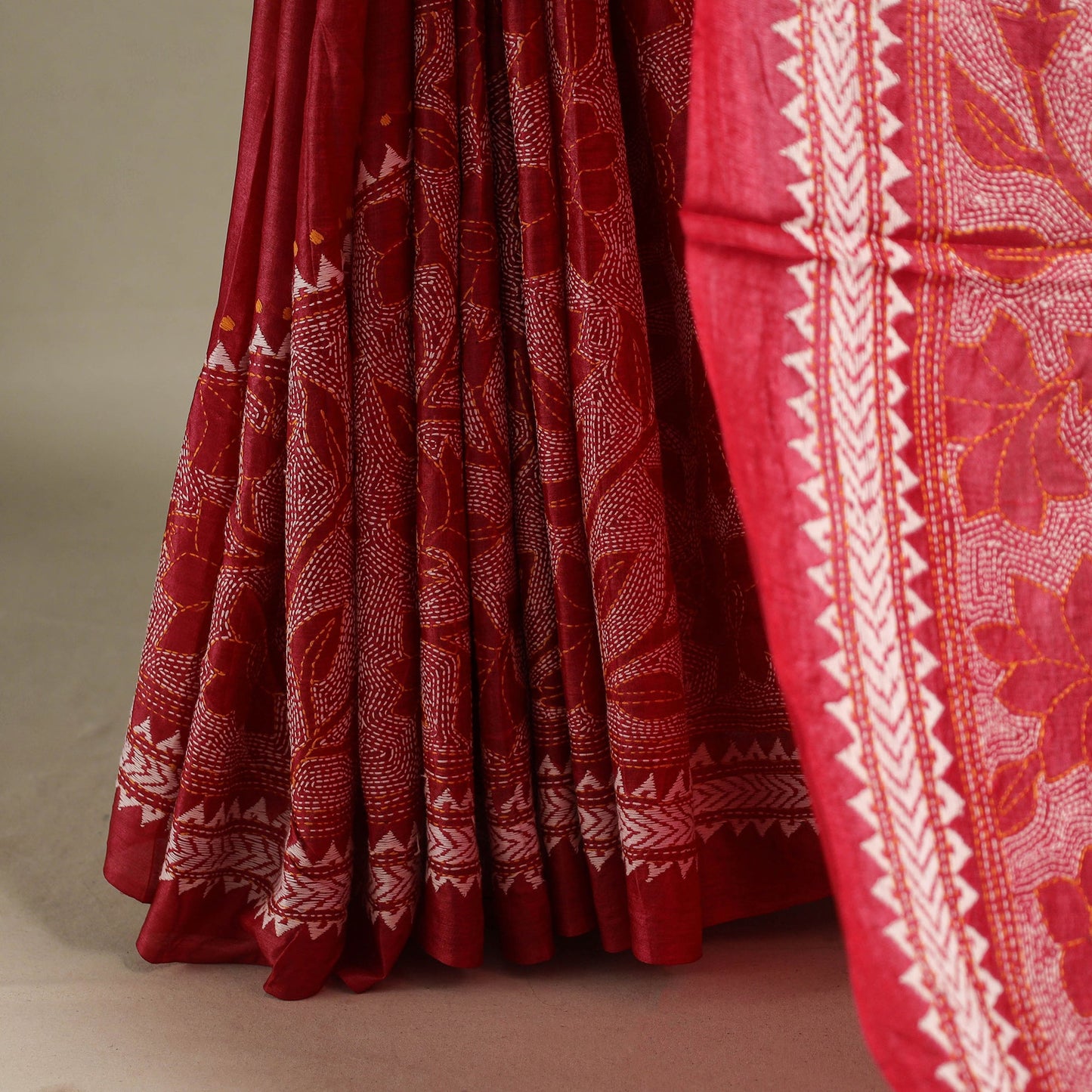 Red - bengal hand embroidery tussar silk handloom kantha