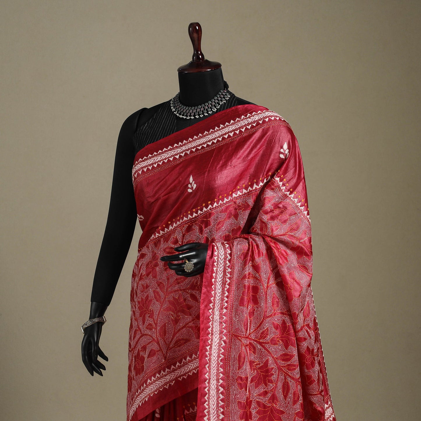 Red - bengal hand embroidery tussar silk handloom kantha