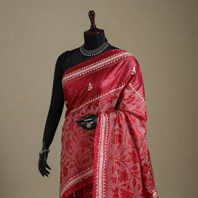 Red - bengal hand embroidery tussar silk handloom kantha