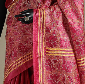 Red - bengal hand embroidery tussar silk handloom kantha