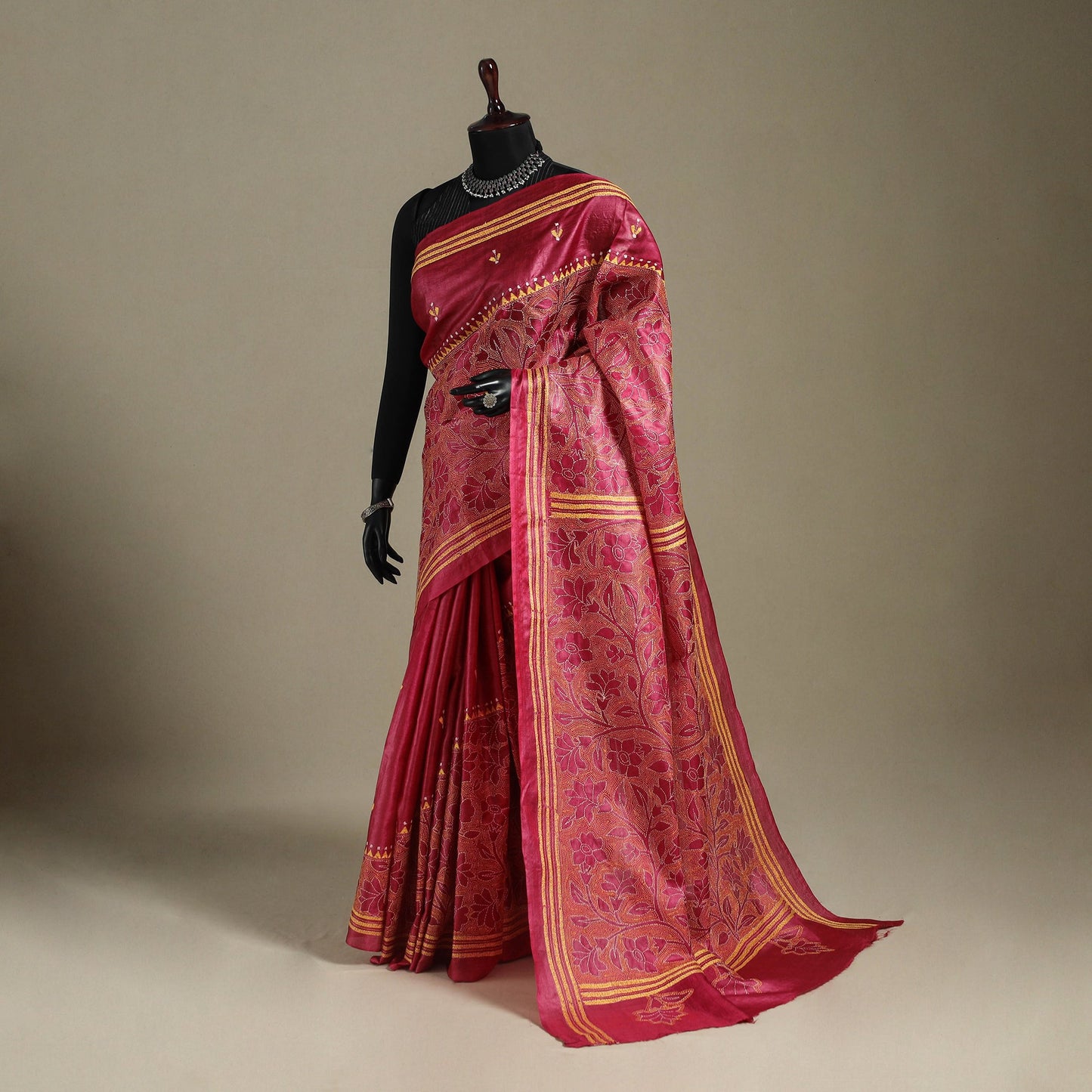 Red - bengal hand embroidery tussar silk handloom kantha
