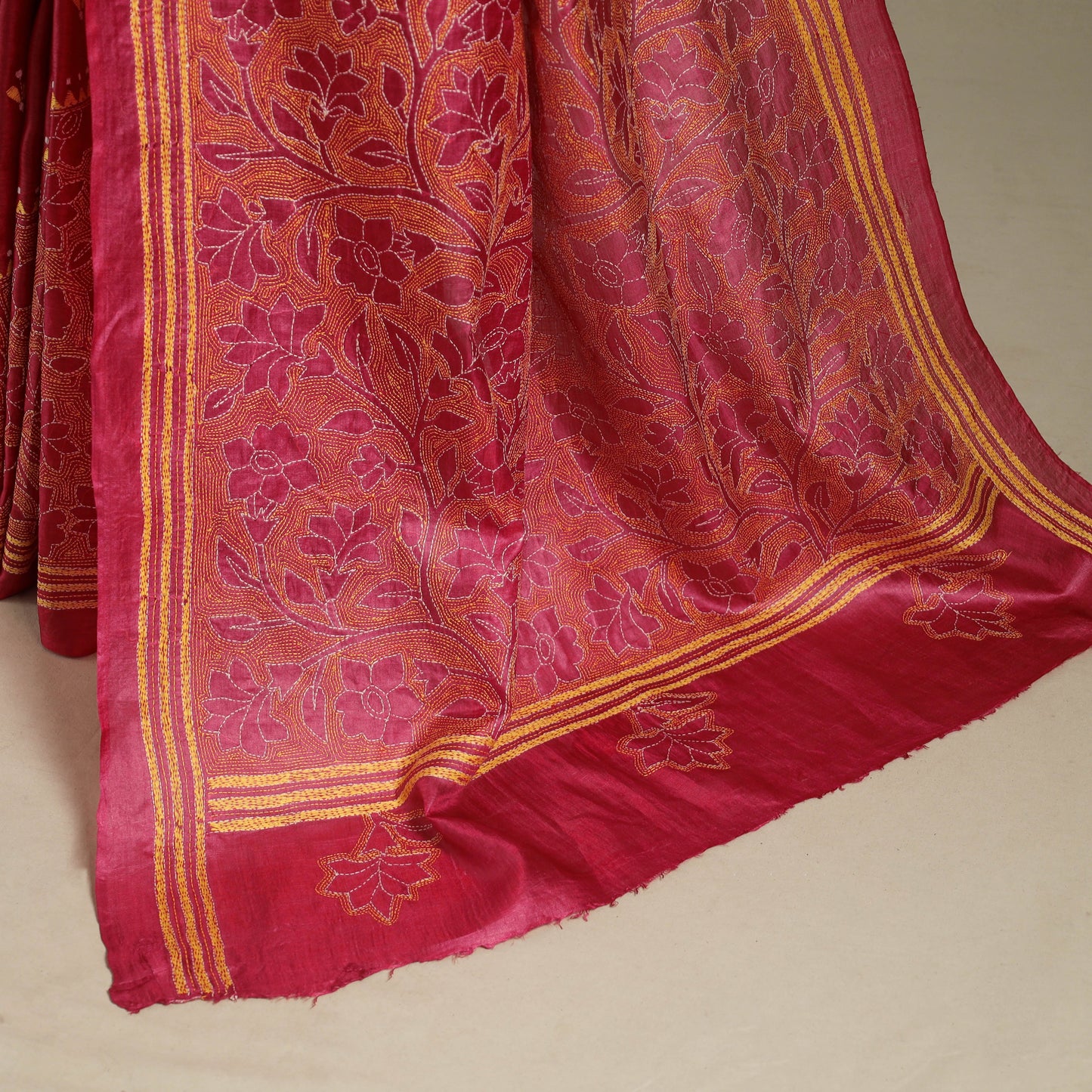 Red - bengal hand embroidery tussar silk handloom kantha