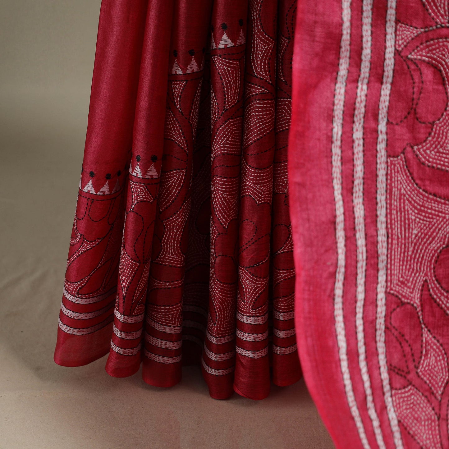 Red - bengal hand embroidery tussar silk handloom kantha