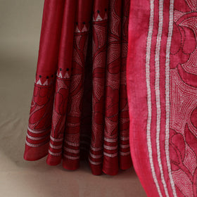 Red - bengal hand embroidery tussar silk handloom kantha