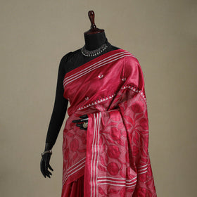 Red - bengal hand embroidery tussar silk handloom kantha