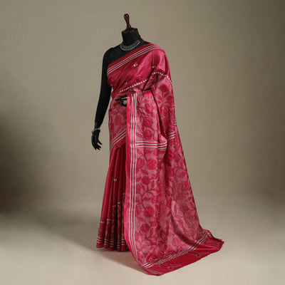 Red - bengal hand embroidery tussar silk handloom kantha