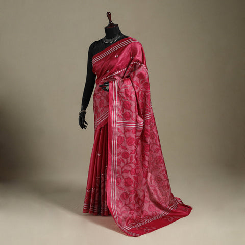 Red - bengal hand embroidery tussar silk handloom kantha