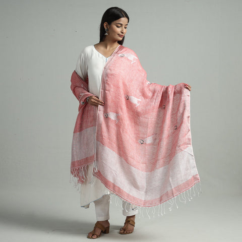 Red - bengal jamdani handloom linen dupatta with tassels 12