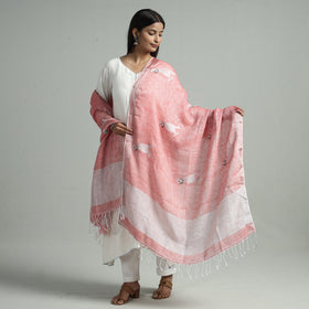 Red - bengal jamdani handloom linen dupatta with tassels 12