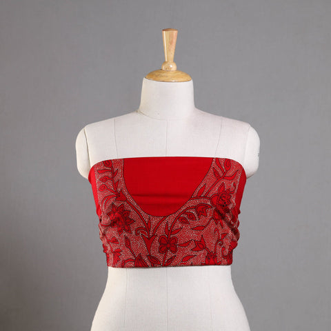 Red Hand Embroidered Kantha Work Blouse Piece 