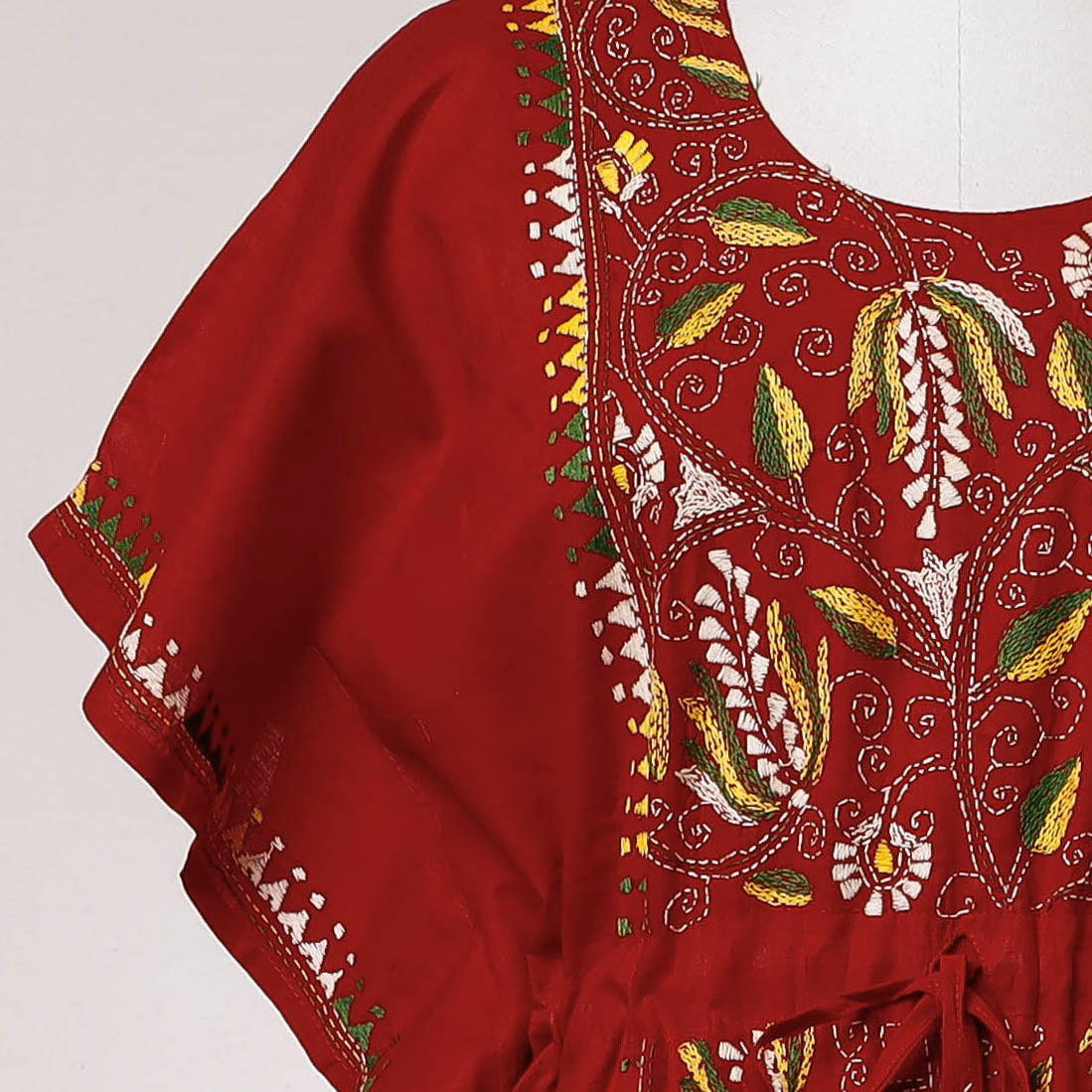 Buy Bengal Kantha Embroidery Cotton Kaftan with Tie-Up Waist (Long) Online at iTokri.com