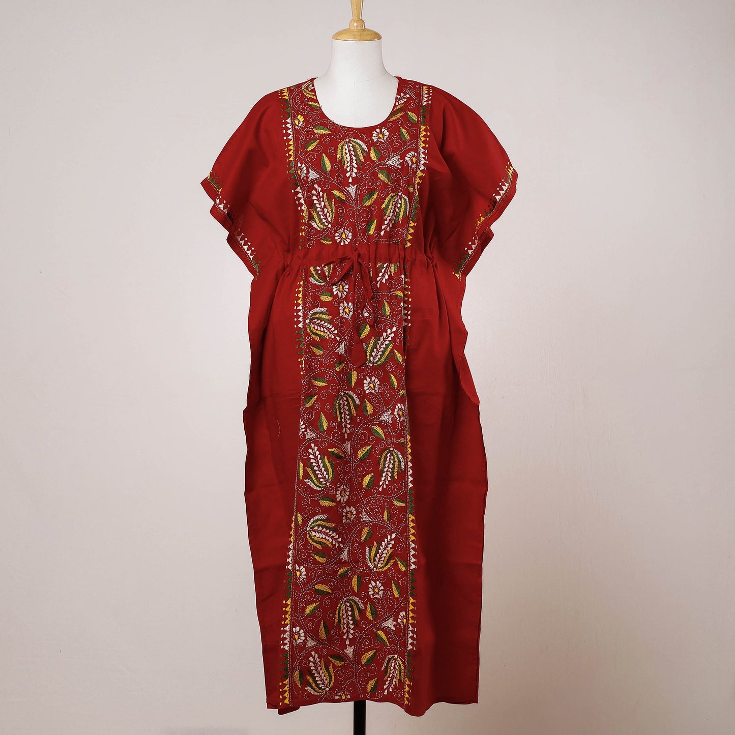 Buy Bengal Kantha Embroidery Cotton Kaftan with Tie-Up Waist (Long) Online at iTokri.com