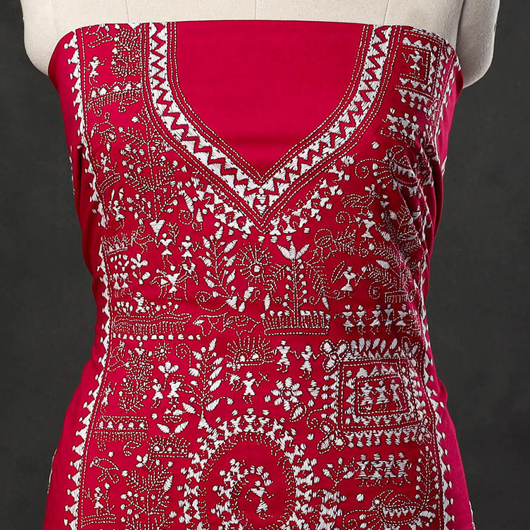 Buy Red Cotton Kurta material With Exclucive Kantha Work