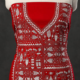 Buy Red Cotton Kurta material With Exclucive Kantha Work