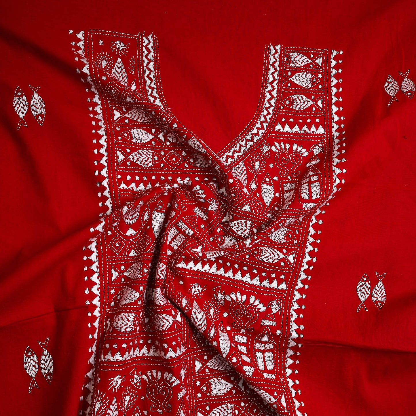 Buy Red Cotton Kurta material With Exclucive Kantha Work