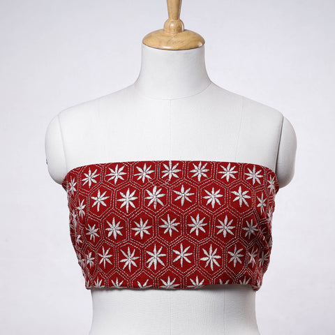 Red Bengal Kantha Embroidery Handloom Cotton Blouse Piece 