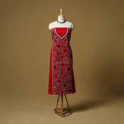 Red - bengal kantha hand embroidered unstitched kurta
