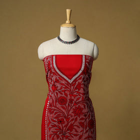 Red - bengal kantha hand embroidered unstitched kurta