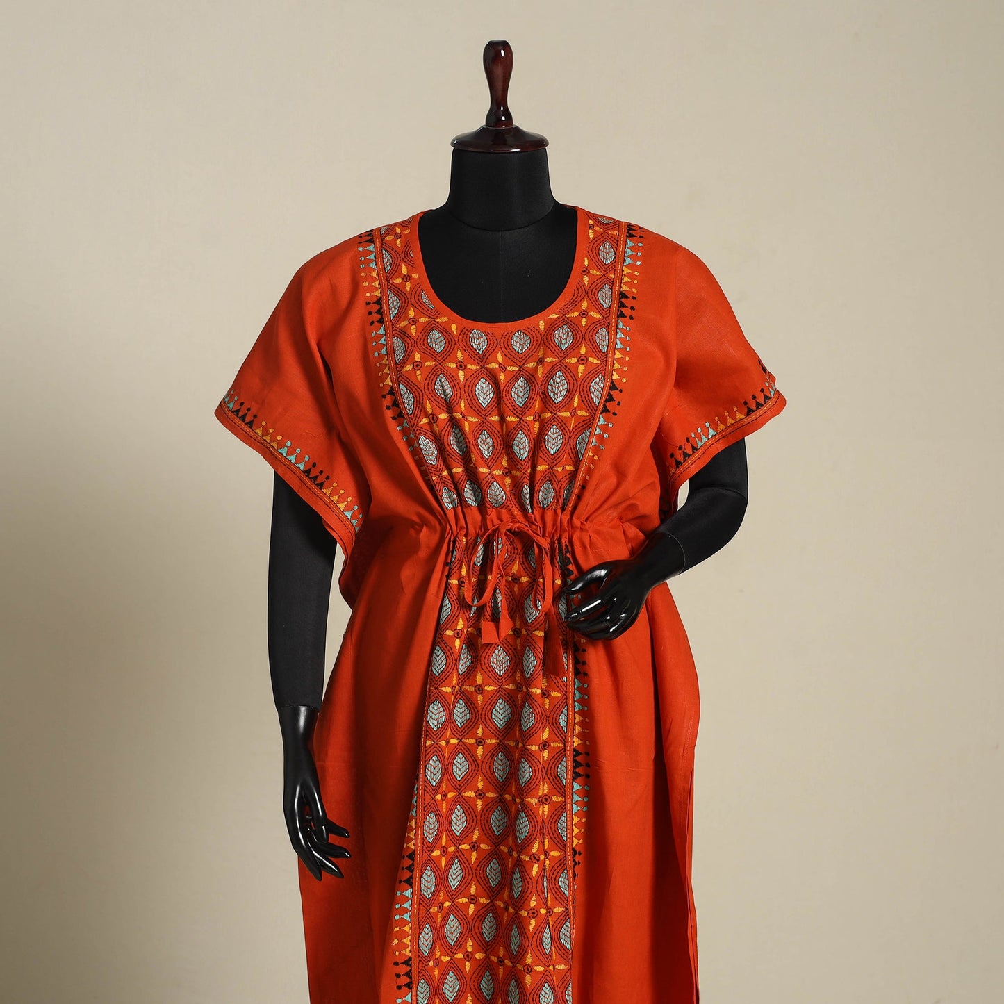 Red Bengal Kantha Hand Embroidery Cotton Kaftan (Long) 