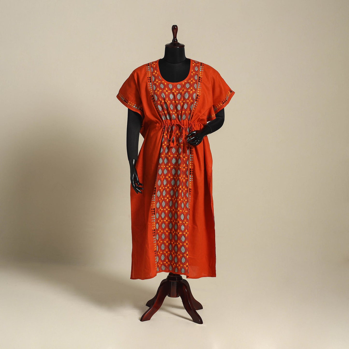 Red Bengal Kantha Hand Embroidery Cotton Kaftan (Long) 