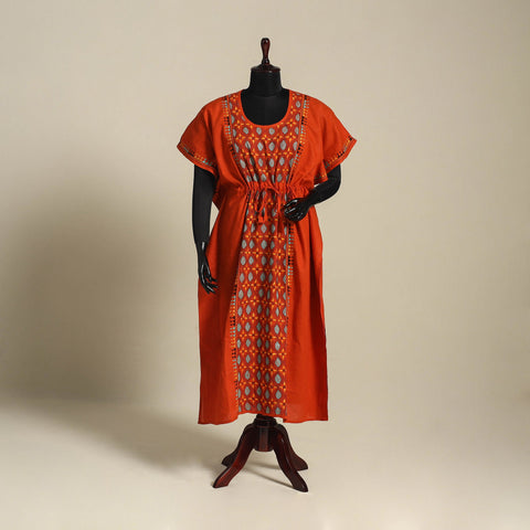 Red Bengal Kantha Hand Embroidery Cotton Kaftan (Long) 