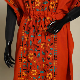 Red Bengal Kantha Hand Embroidery Cotton Kaftan (Long) 