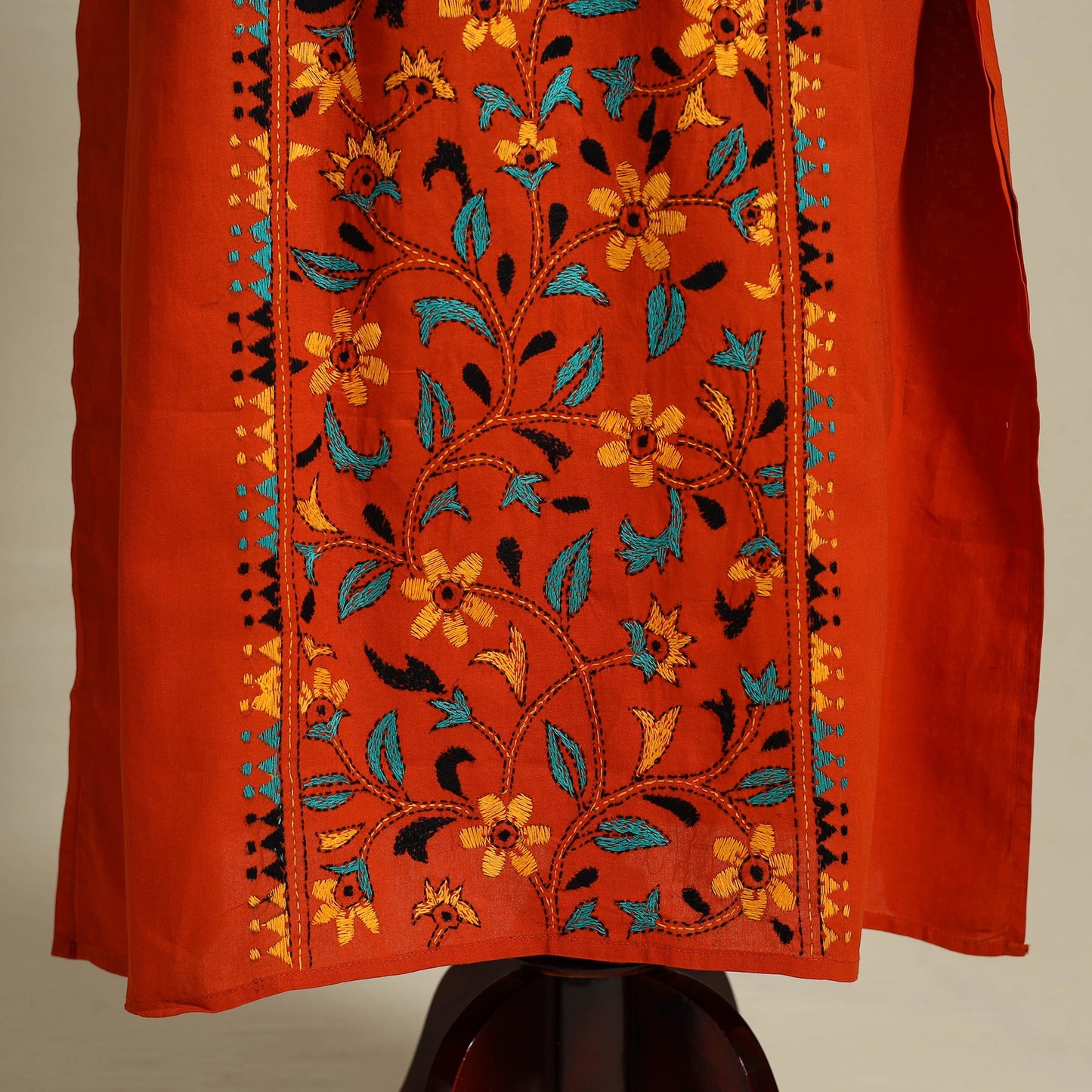 Red Bengal Kantha Hand Embroidery Cotton Kaftan (Long) 