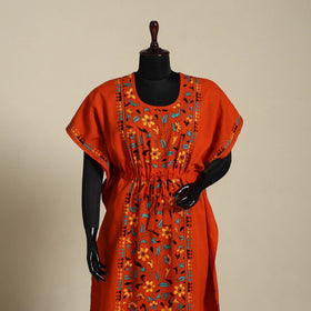 Red Bengal Kantha Hand Embroidery Cotton Kaftan (Long) 