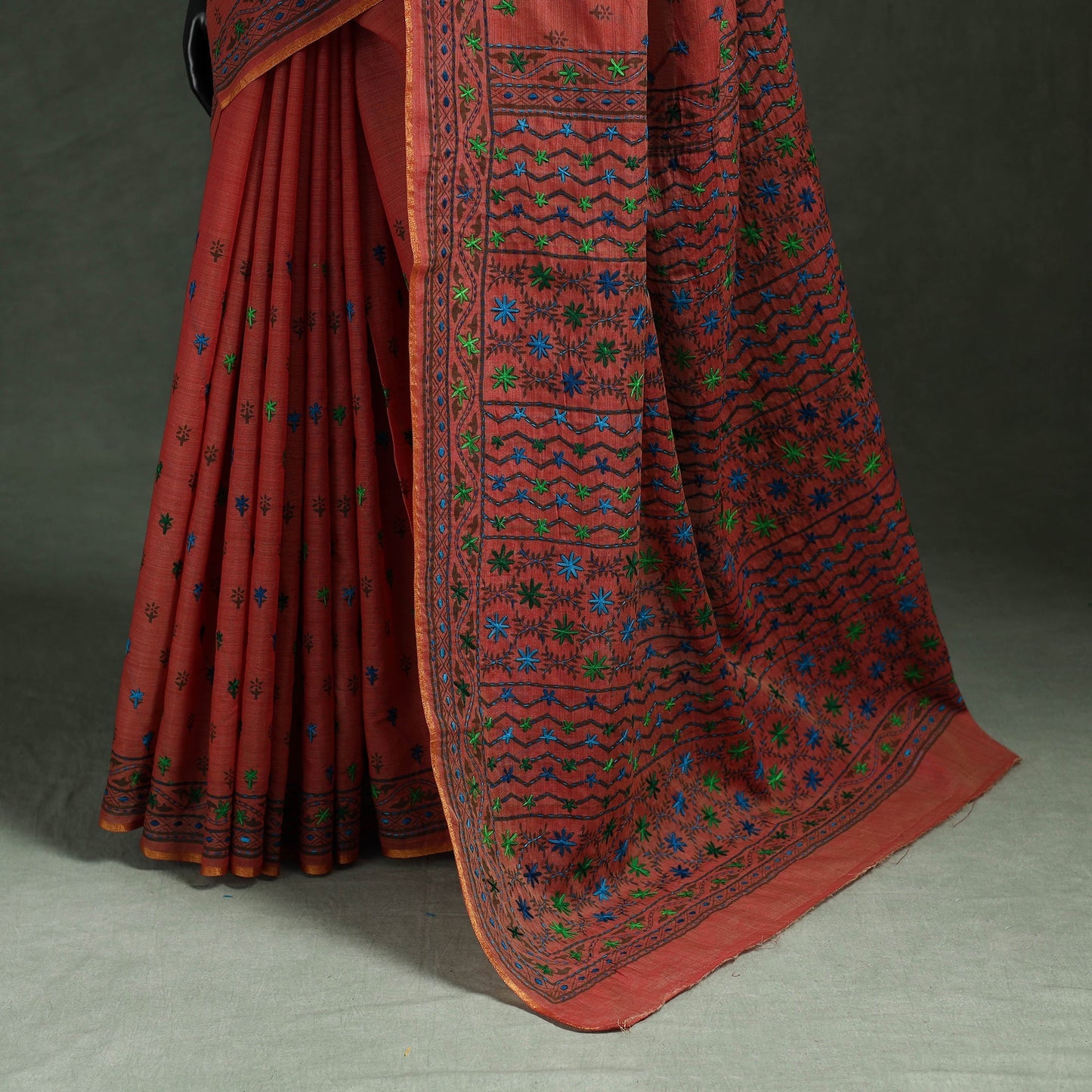 Bengal kantha hand embroidery silk cotton chapa work saree
