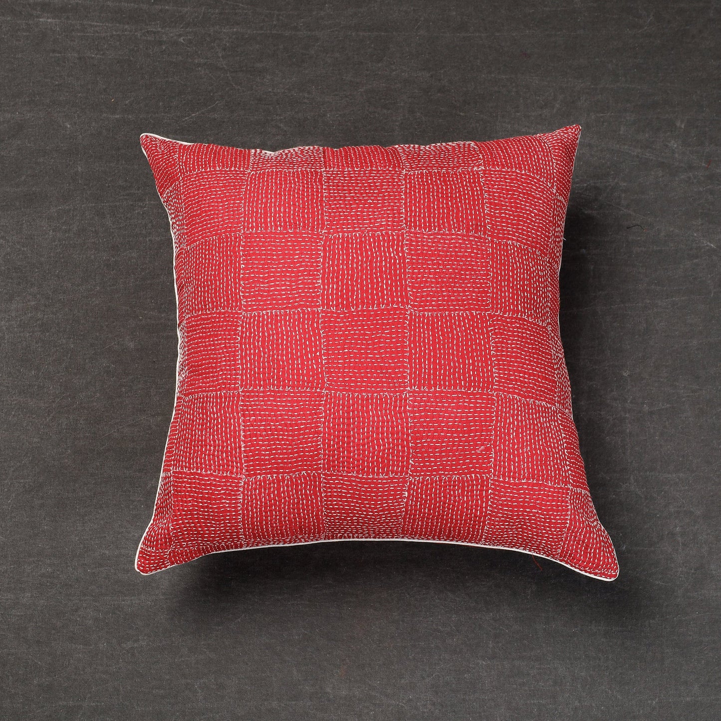 Red Bengal Kantha Embroidery Tussar Silk Cushion Cover
