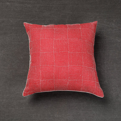 Red Bengal Kantha Embroidery Tussar Silk Cushion Cover