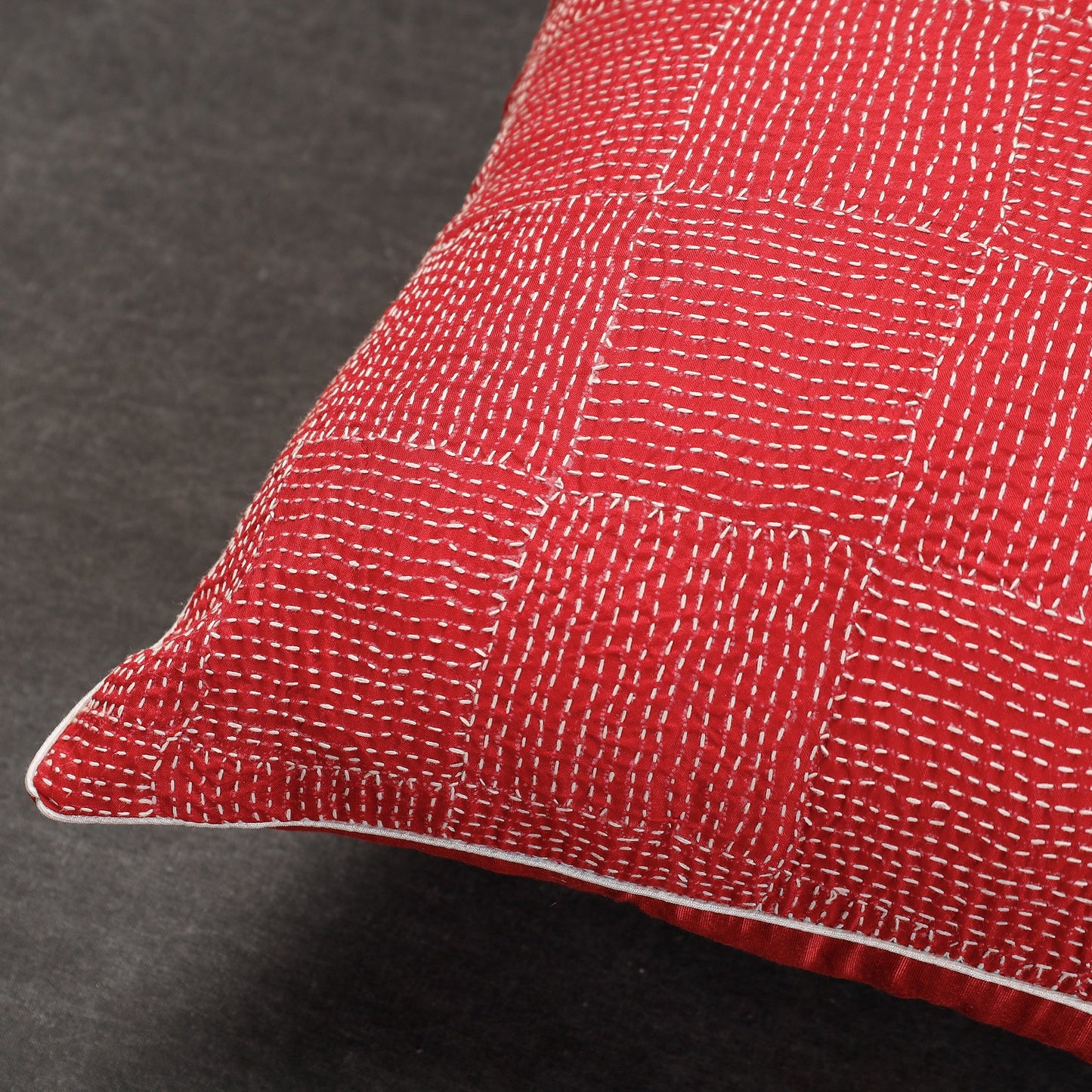 Red Bengal Kantha Embroidery Tussar Silk Cushion Cover