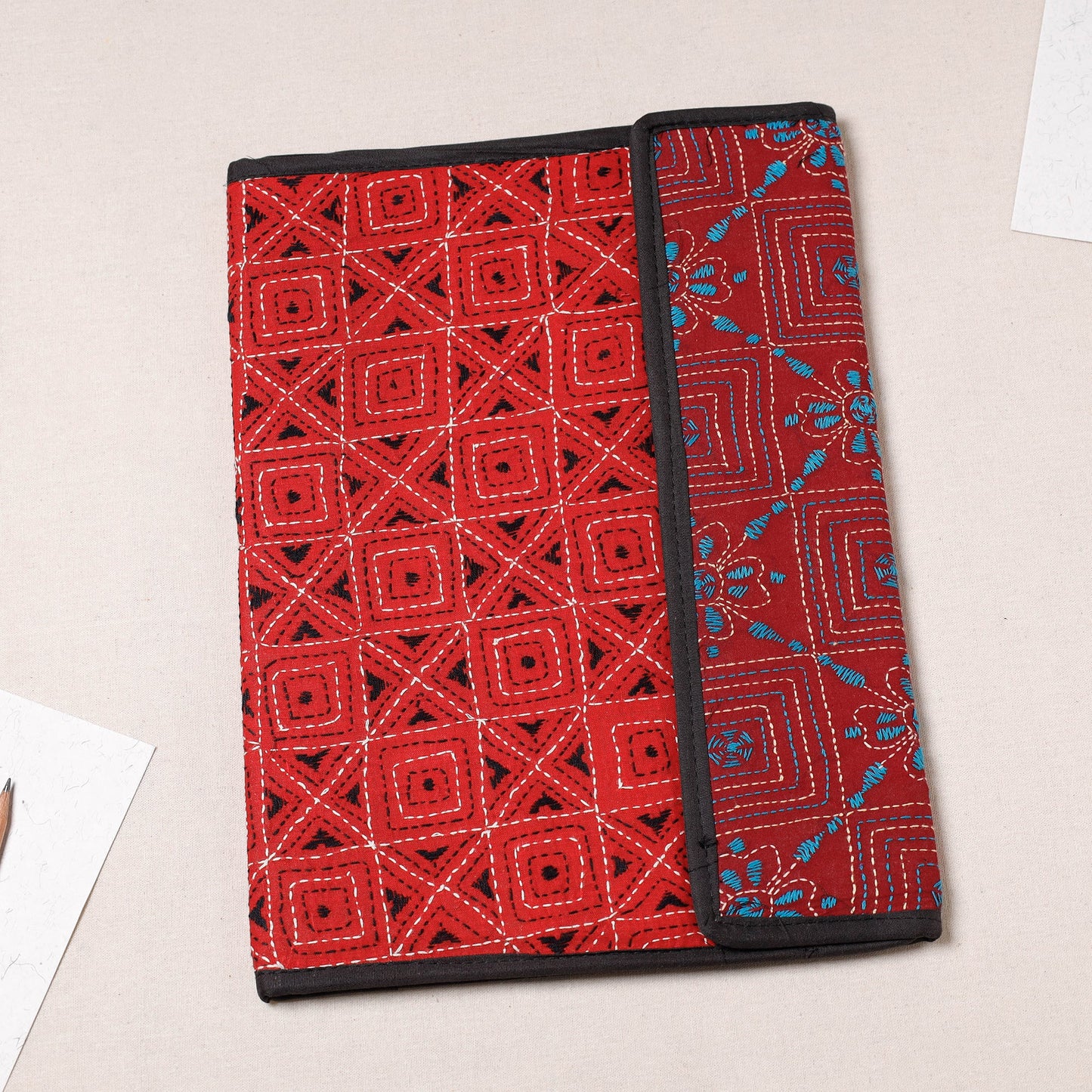 Red Bengal Kantha Work Handcrafted File Folder 