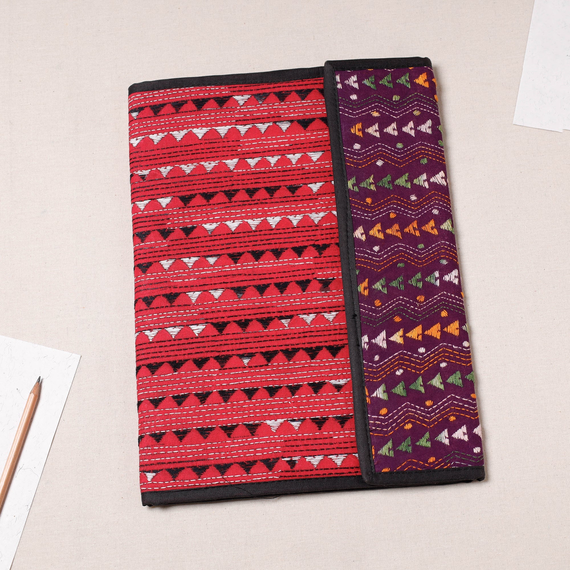 Red Bengal Kantha Work Handcrafted File Folder