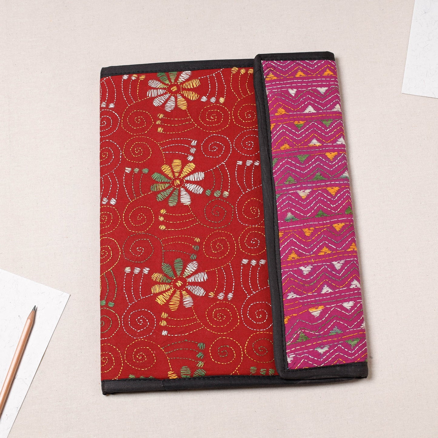 Red Bengal Kantha Work Handcrafted File Folder 