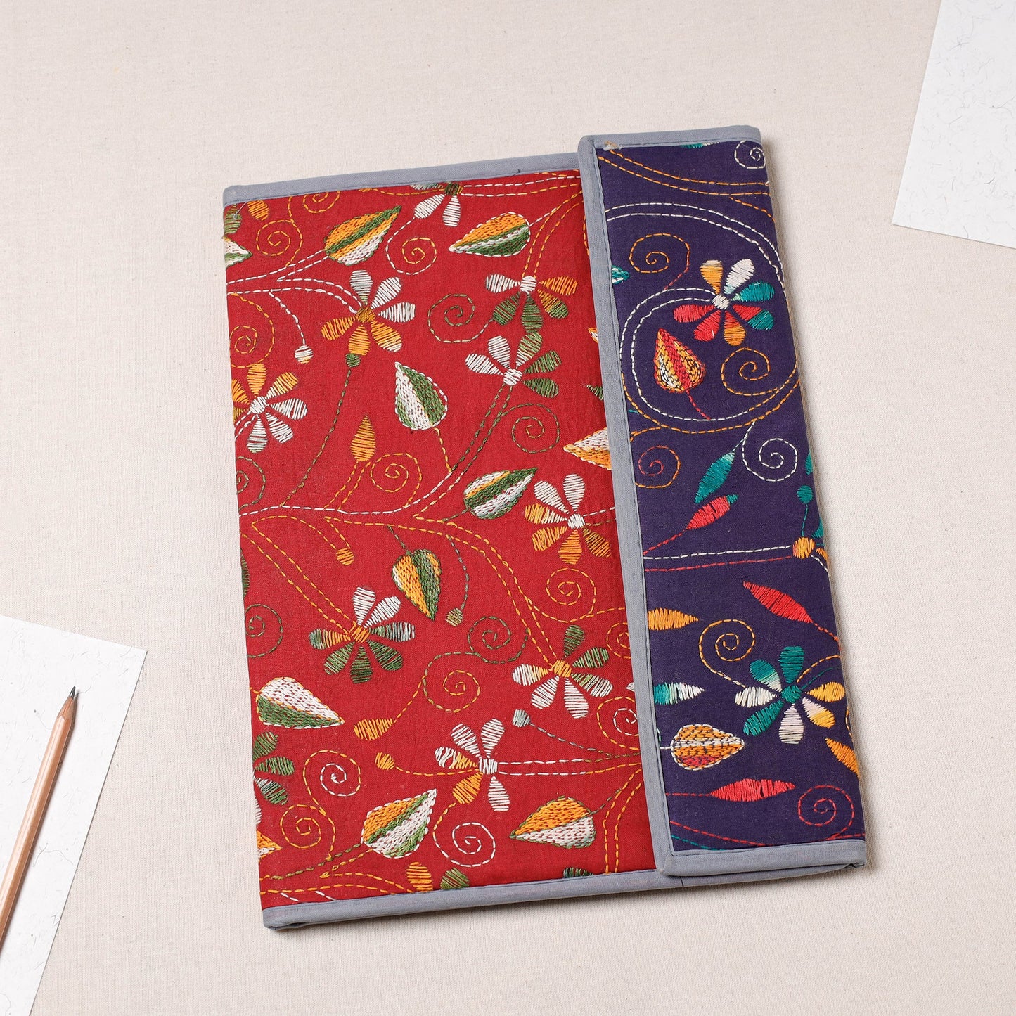 Red Bengal Kantha Work Handcrafted File Folder 