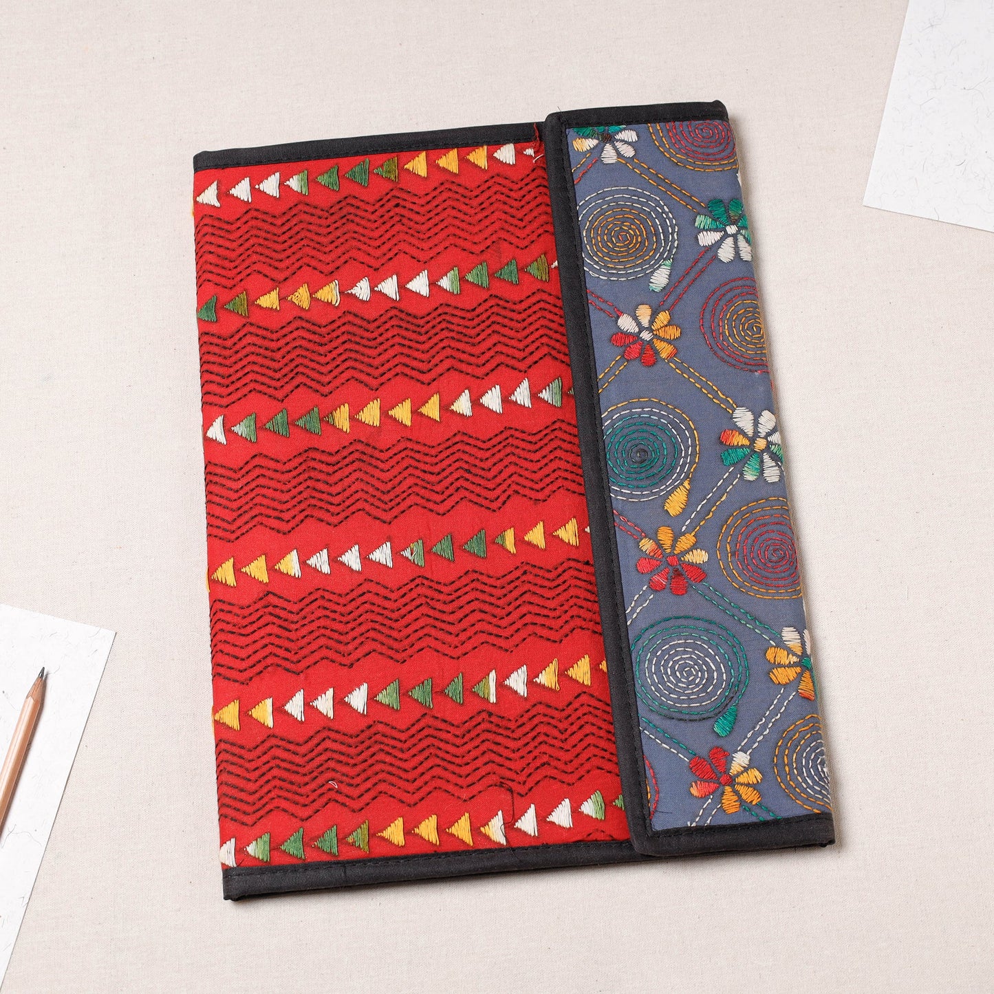 Red Bengal Kantha Work Handcrafted File Folder 