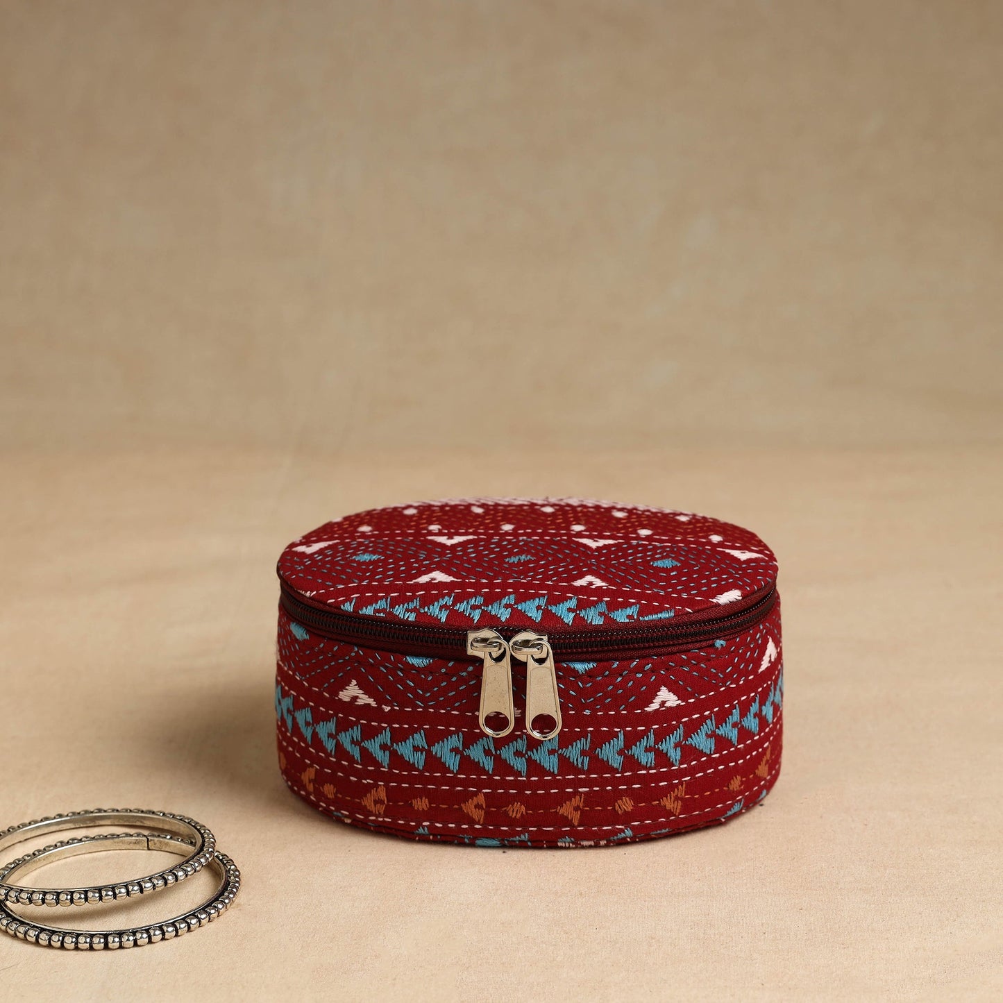 Red Bengal Kantha Work Handcrafted Oval Jewelry Box with Mirror 14 