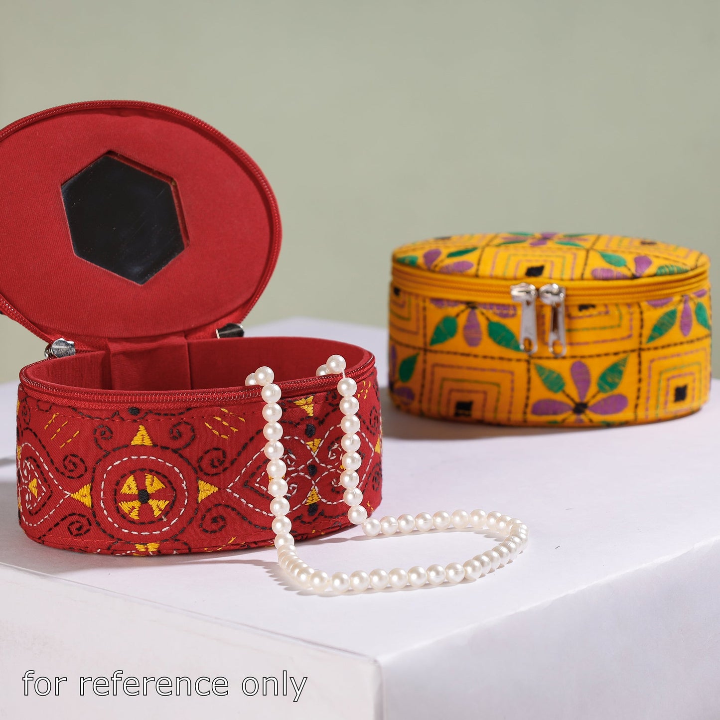  Bengal Kantha Work Handcrafted Oval Jewelry Box with Mirror 