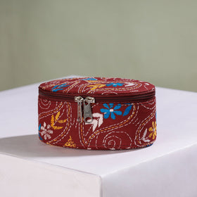 Red Bengal Kantha Work Handcrafted Oval Jewelry Box with Mirror 