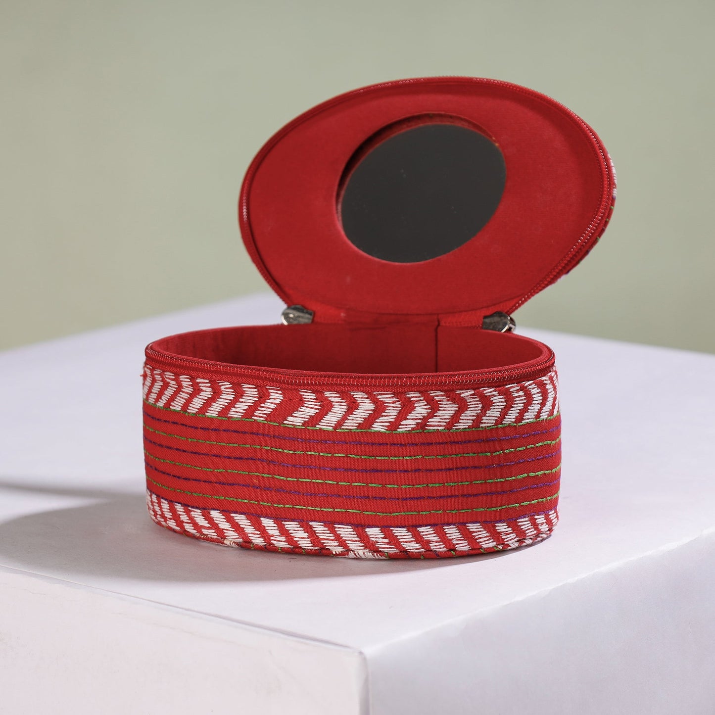  Bengal Kantha Work Handcrafted Oval Jewelry Box with Mirror 