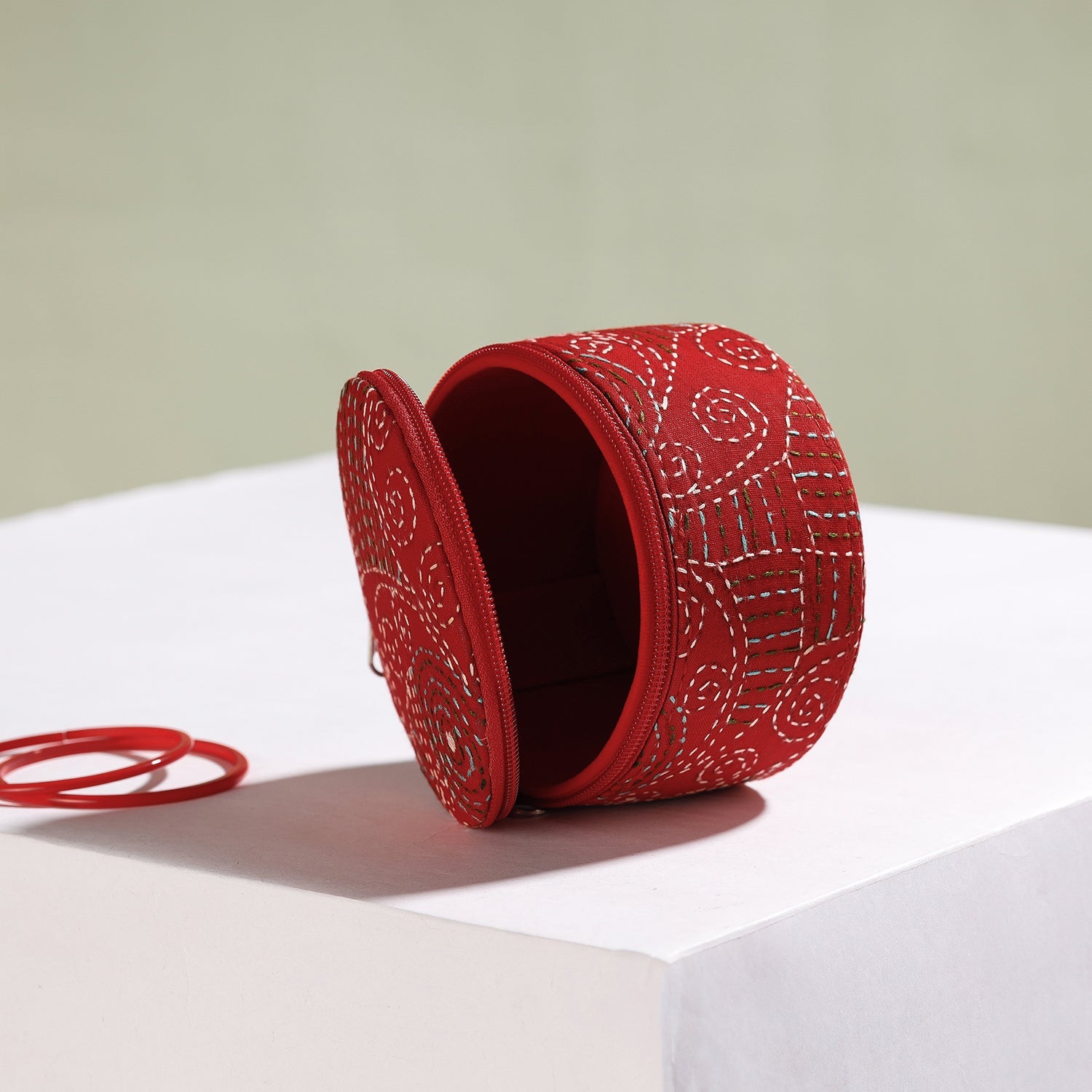 Bengal Kantha Work Handcrafted Round Red Utility Box 