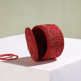 Bengal Kantha Work Handcrafted Round Red Utility Box 
