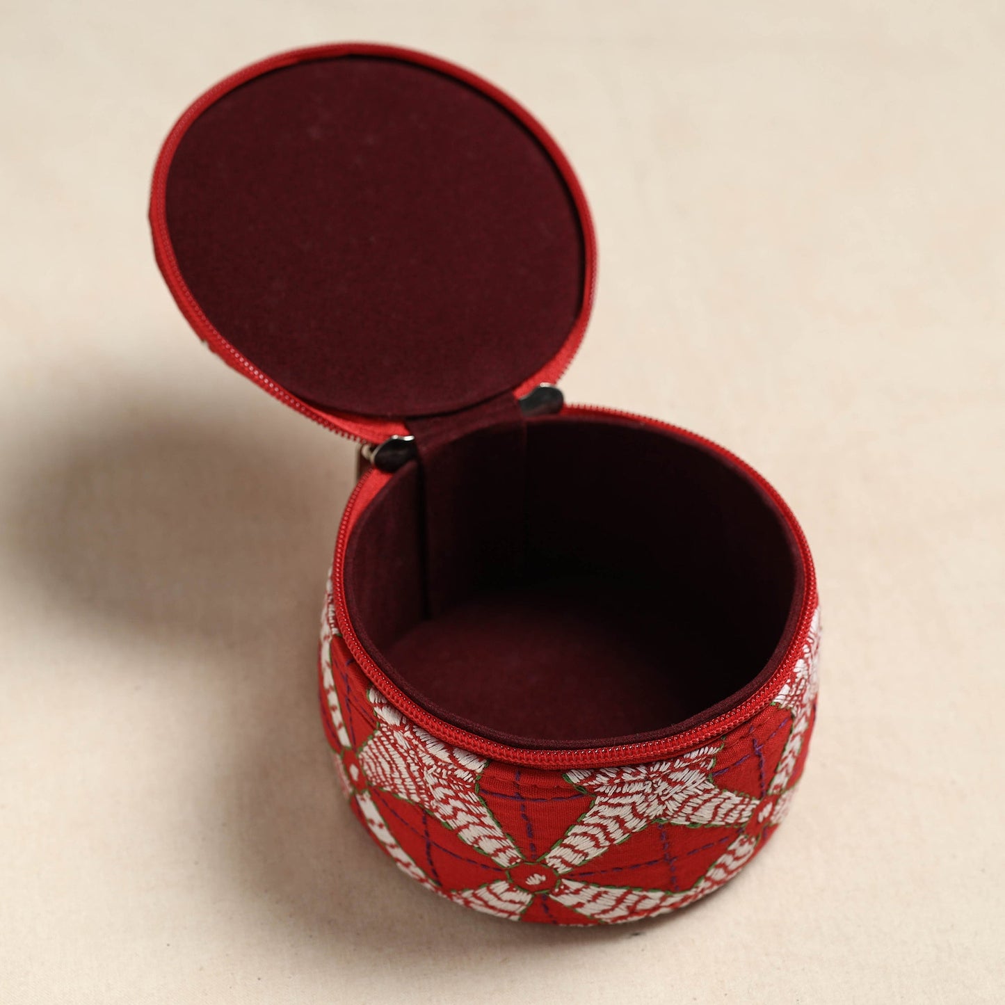  Bengal Kantha Work Handcrafted Round Red Utility Box