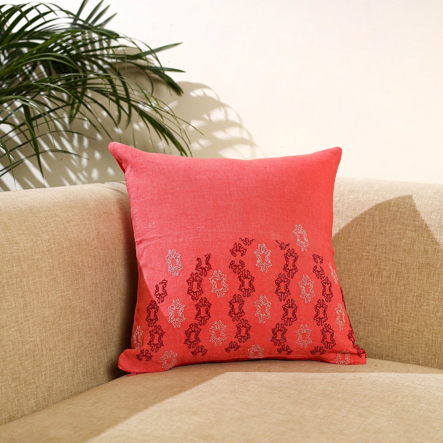 Buy Red Bengal Kantha Work Reversible Silk Cushion Cover